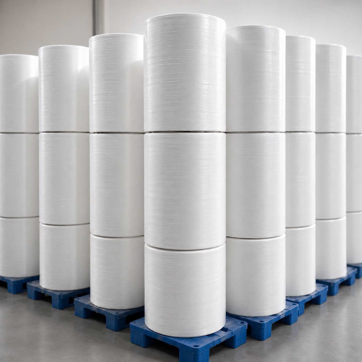 White nonwoven rolls on blue pallets.